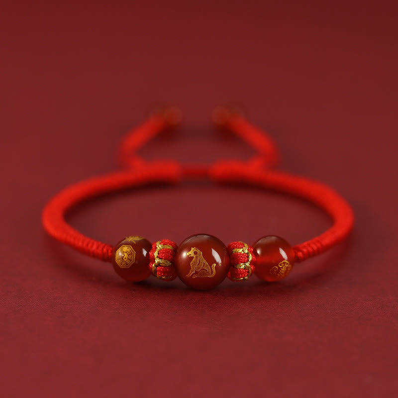 Wear FengShui Handmade Red Agate Chinese Zodiac Red String Braided Protection Bracelet