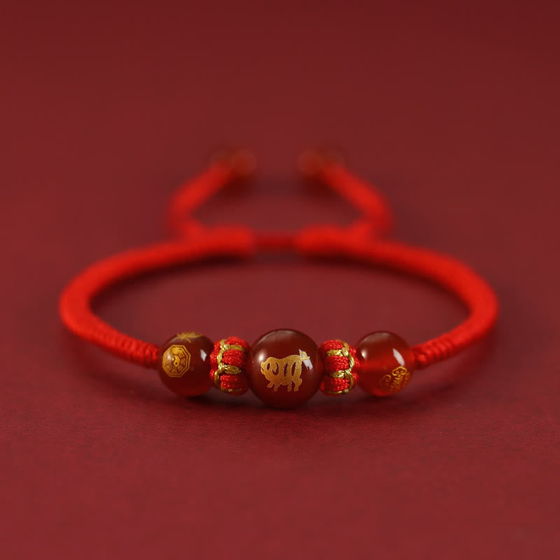 Wear FengShui Handmade Red Agate Chinese Zodiac Red String Braided Protection Bracelet