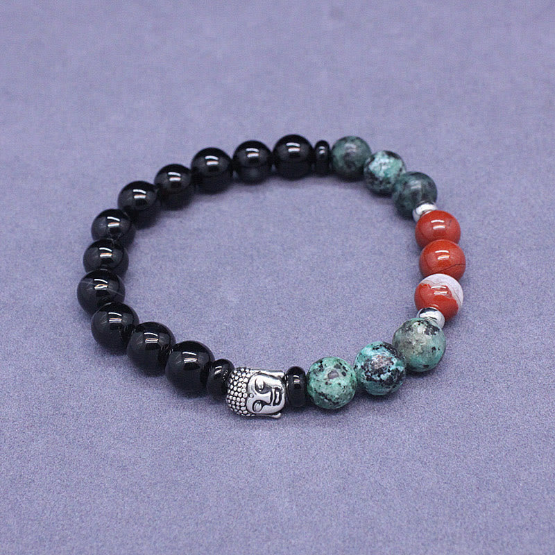 Wear FengShui Natural Black Onyx White Stone Green Aventurine Tiger Eye Agate Mixed Color Buddha Head Protection Bracelet