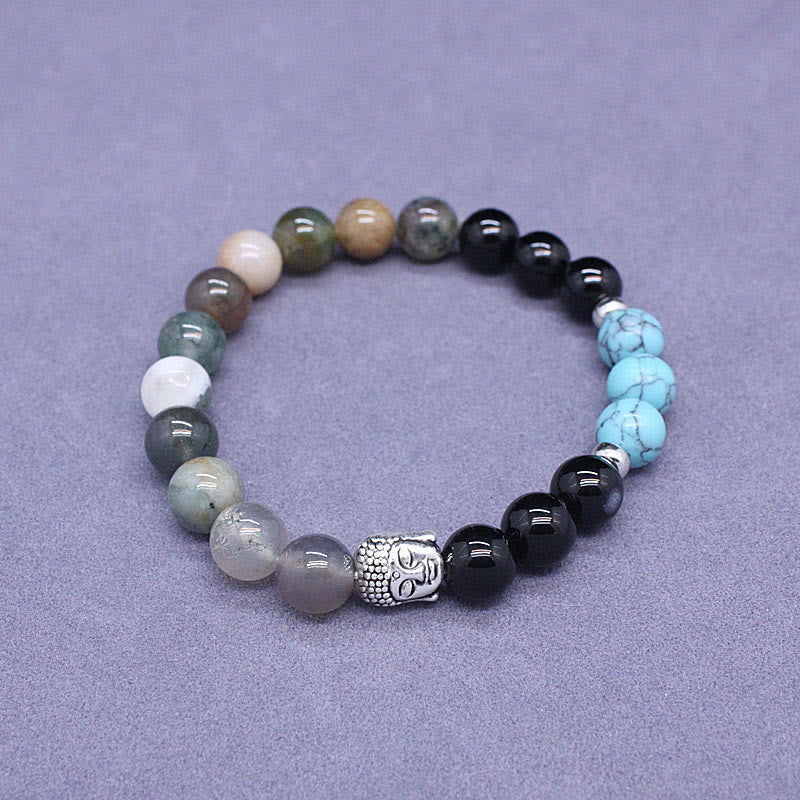 Wear FengShui Natural Black Onyx White Stone Green Aventurine Tiger Eye Agate Mixed Color Buddha Head Protection Bracelet