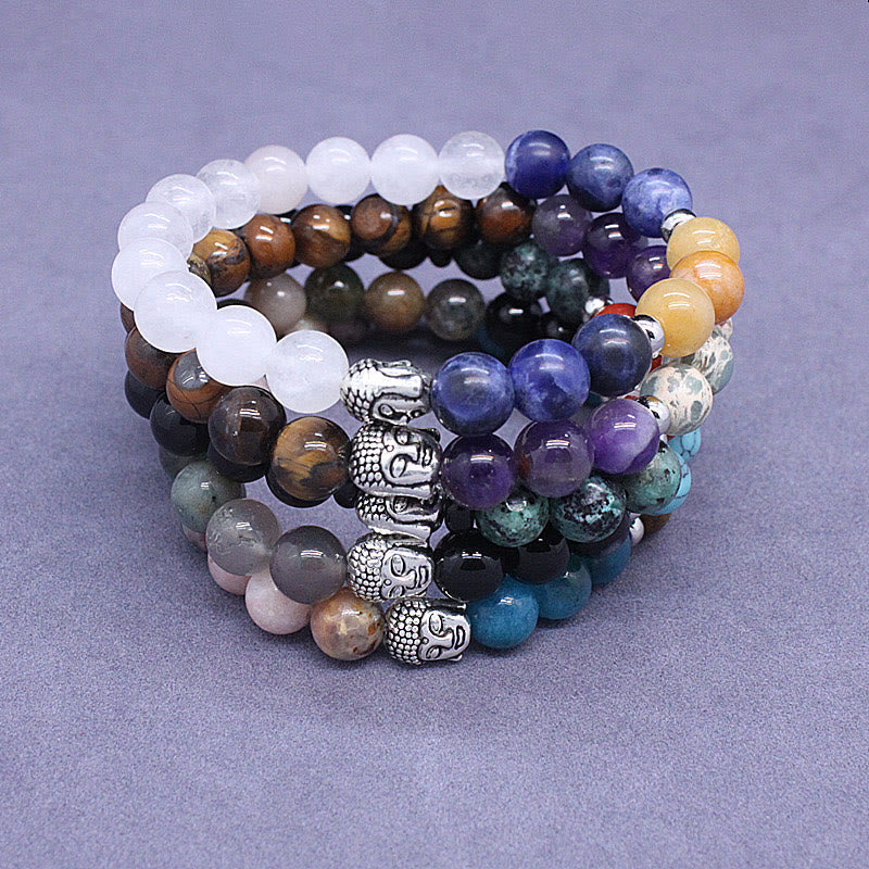 Wear FengShui Natural Black Onyx White Stone Green Aventurine Tiger Eye Agate Mixed Color Buddha Head Protection Bracelet