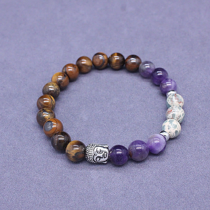 Wear FengShui Natural Black Onyx White Stone Green Aventurine Tiger Eye Agate Mixed Color Buddha Head Protection Bracelet