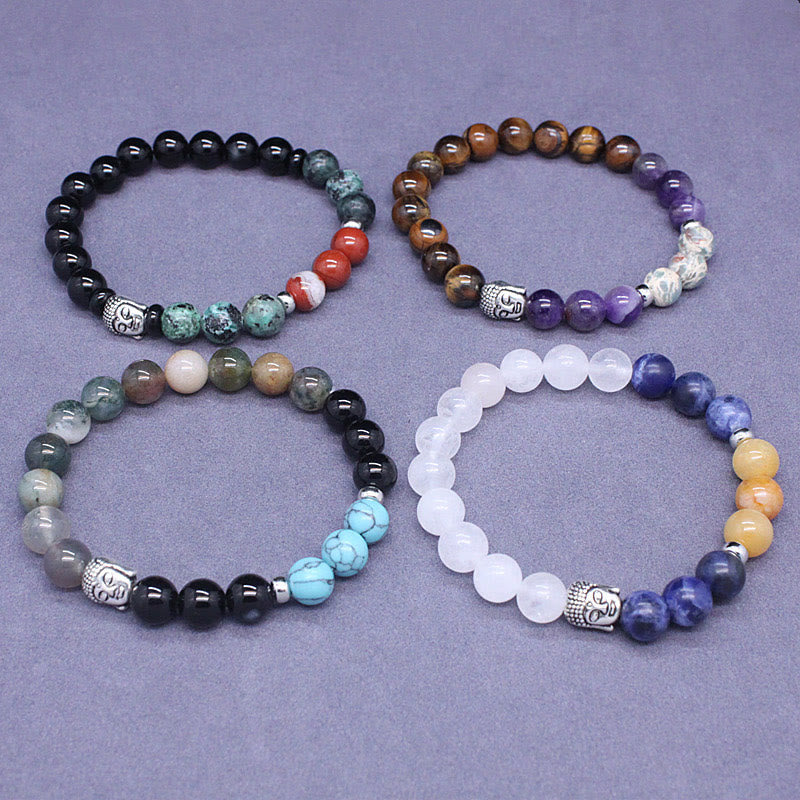 Wear FengShui Natural Black Onyx White Stone Green Aventurine Tiger Eye Agate Mixed Color Buddha Head Protection Bracelet