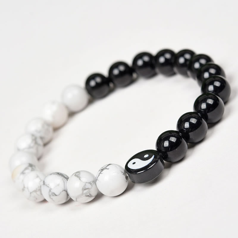 Wear FengShui Natural Obsidian White Turquoise Yinyang Tai Chi Strength Bracelet