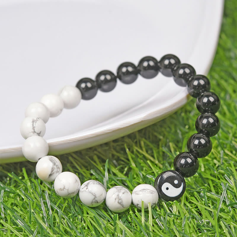Wear FengShui Natural Obsidian White Turquoise Yinyang Tai Chi Strength Bracelet