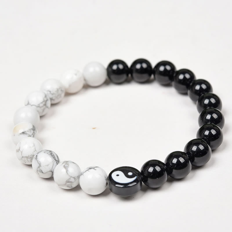 Wear FengShui Natural Obsidian White Turquoise Yinyang Tai Chi Strength Bracelet