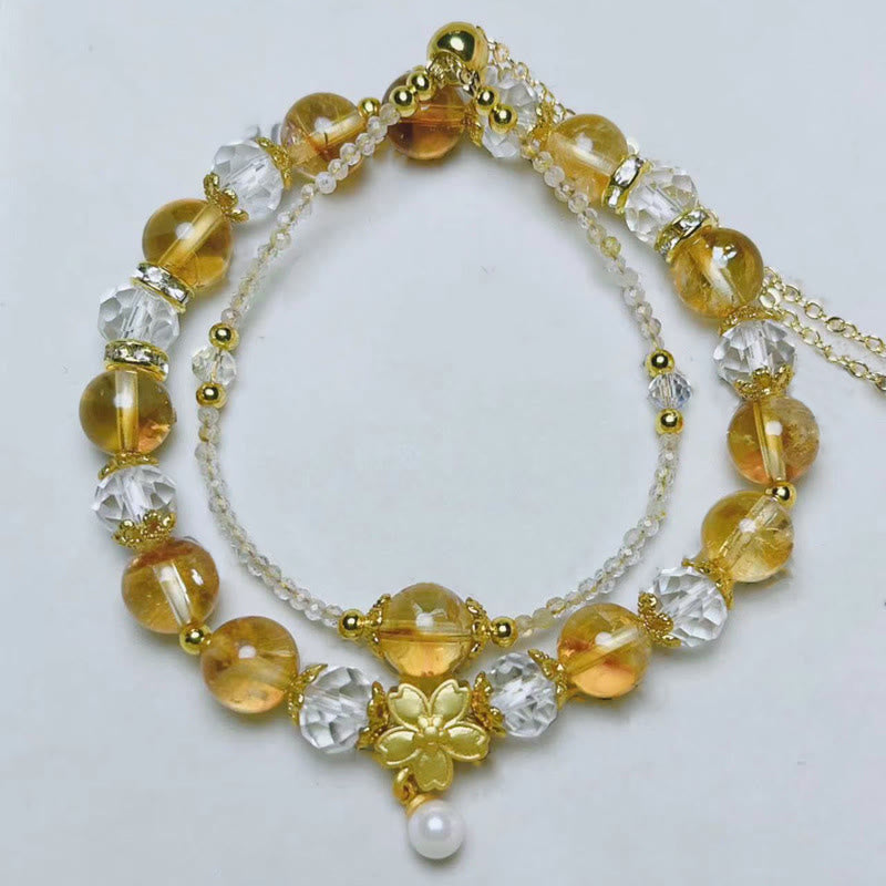 Wear FengShui Natural Citrine Glass Beads Flower Multiple Layers Prosperity Bracelet
