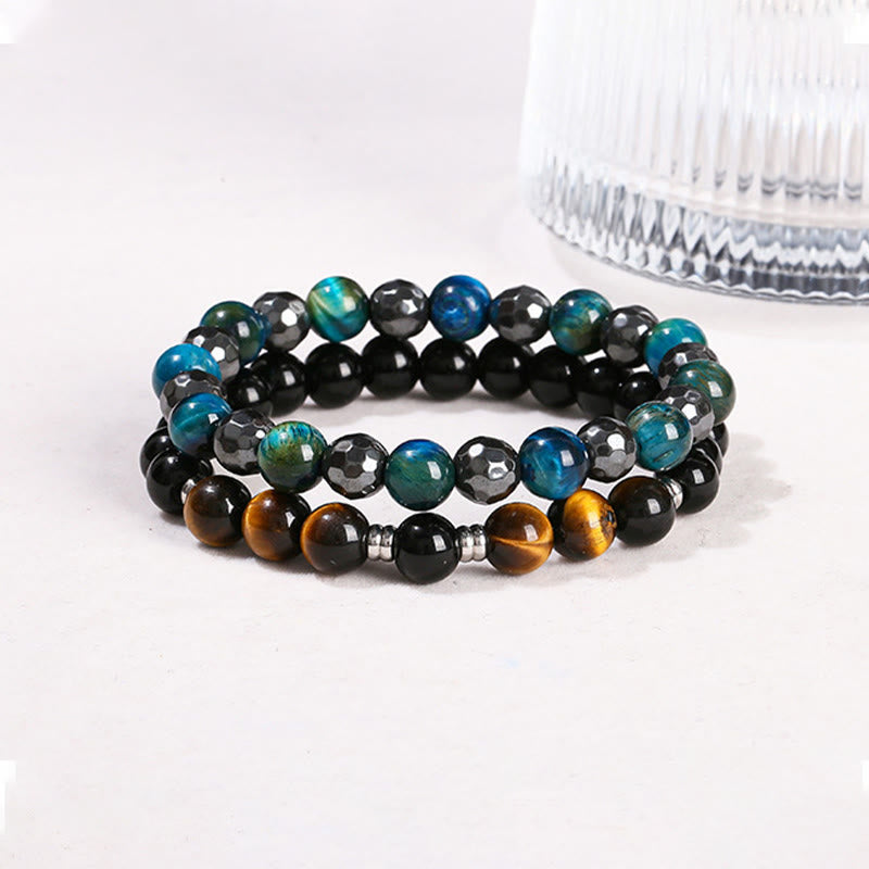 Wear FengShui 2Pcs Hematite Tiger Eye Blue Tiger Eye Powerful Bracelet Set