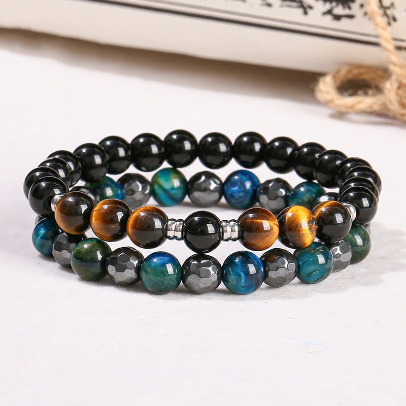 Wear FengShui 2Pcs Hematite Tiger Eye Blue Tiger Eye Powerful Bracelet Set