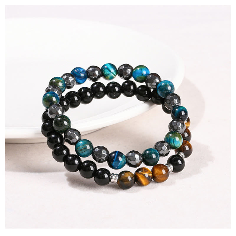 Wear FengShui 2Pcs Hematite Tiger Eye Blue Tiger Eye Powerful Bracelet Set