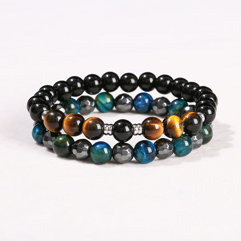 Wear FengShui 2Pcs Hematite Tiger Eye Blue Tiger Eye Powerful Bracelet Set
