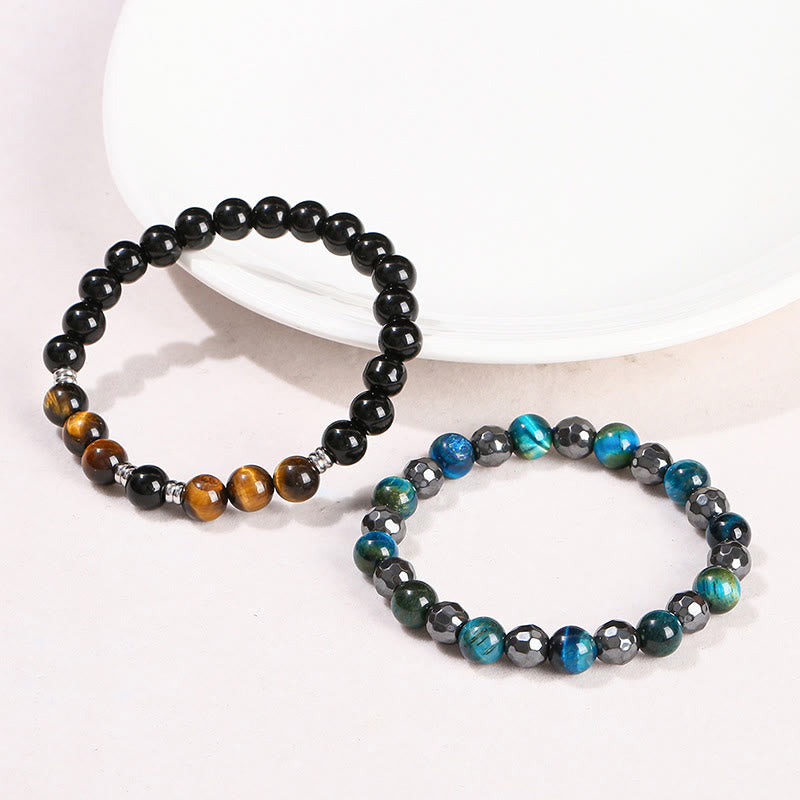 Wear FengShui 2Pcs Hematite Tiger Eye Blue Tiger Eye Powerful Bracelet Set