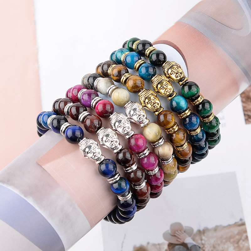 Wear FengShui Blue Green Red Tiger Eye Buddha Head Balance Bracelet