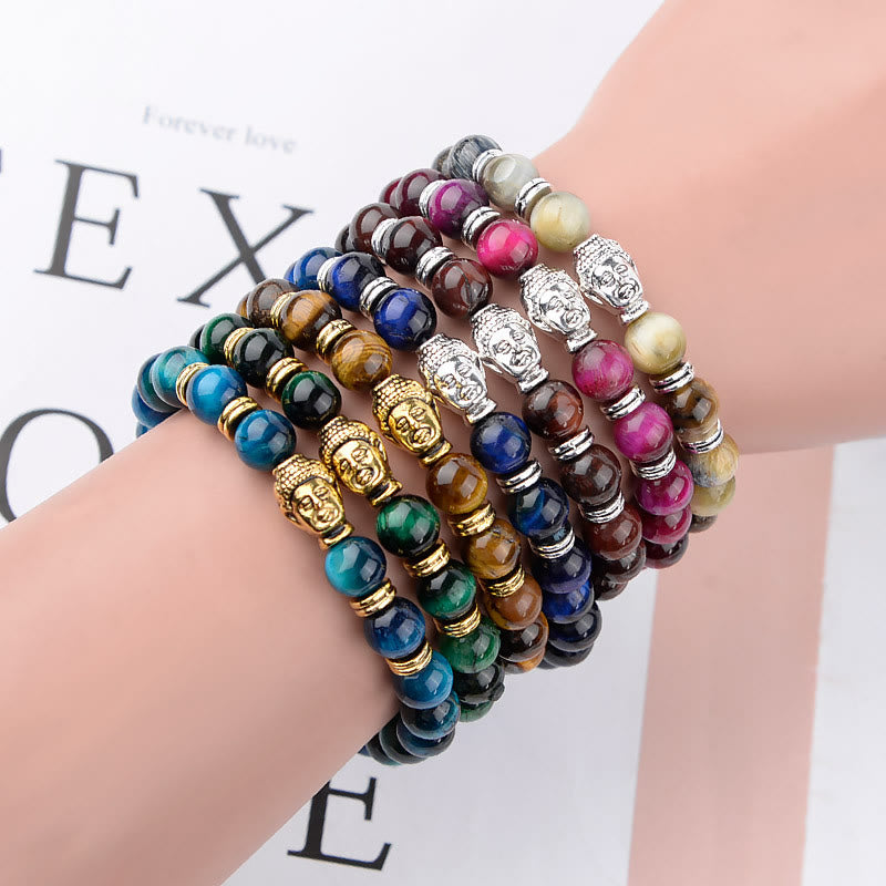 Wear FengShui Blue Green Red Tiger Eye Buddha Head Balance Bracelet