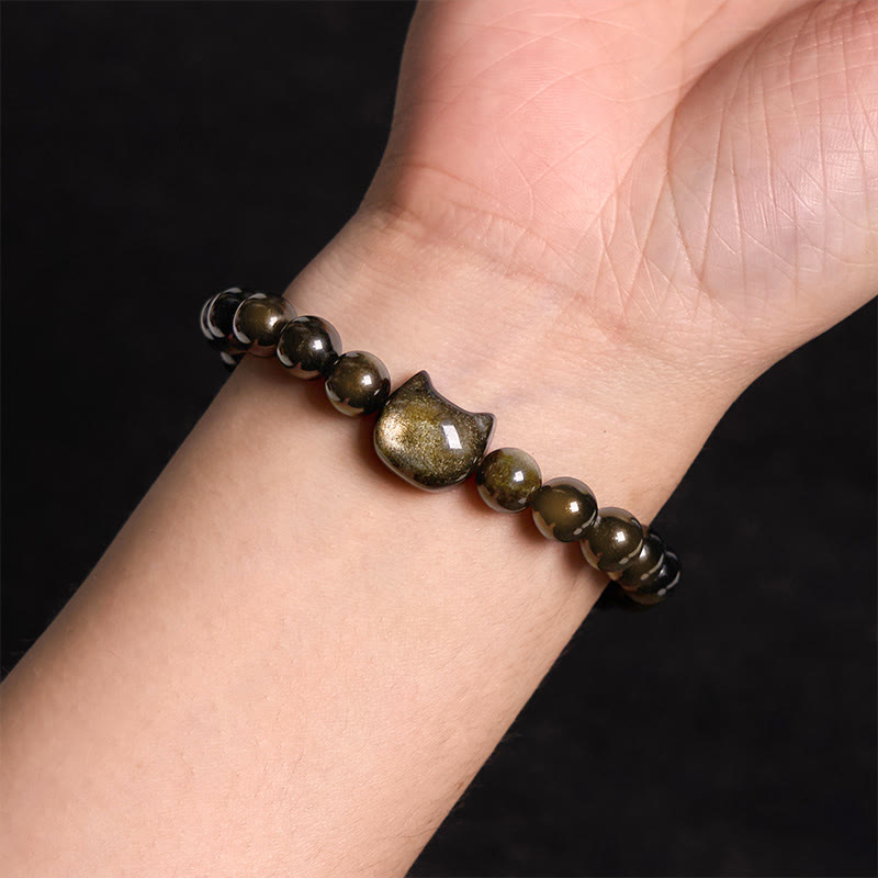 Wear FengShui Gold Sheen Obsidian Silver Sheen Obsidian Lovely Paw Lucky Cat Protection Bracelet