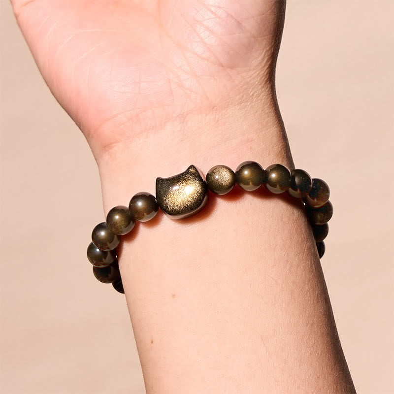 Wear FengShui Gold Sheen Obsidian Silver Sheen Obsidian Lovely Paw Lucky Cat Protection Bracelet