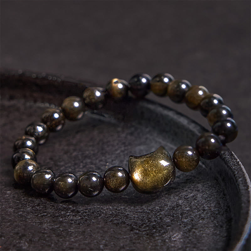 Wear FengShui Gold Sheen Obsidian Silver Sheen Obsidian Lovely Paw Lucky Cat Protection Bracelet
