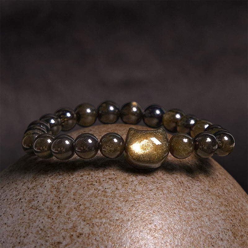 Wear FengShui Gold Sheen Obsidian Silver Sheen Obsidian Lovely Paw Lucky Cat Protection Bracelet