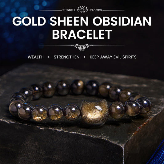 Wear FengShui Gold Sheen Obsidian Silver Sheen Obsidian Lovely Paw Lucky Cat Protection Bracelet