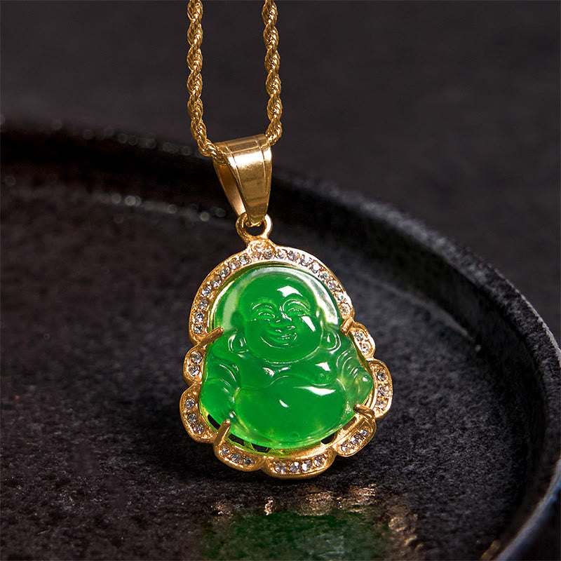 Wear FengShui 18K Gold Filled Laughing Buddha Jade Luck Necklace Chain Pendant