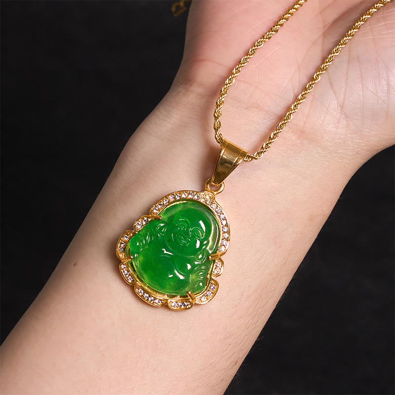 Wear FengShui 18K Gold Filled Laughing Buddha Jade Luck Necklace Chain Pendant