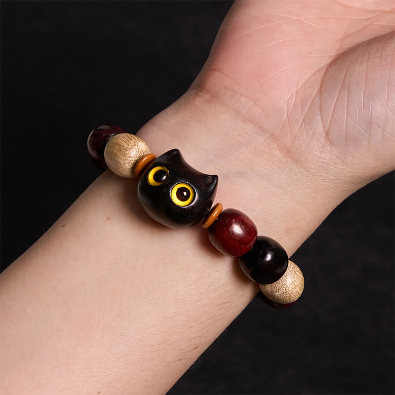 Wear FengShui Small Leaf Red Sandalwood Ebony Wood Cute Cat Engraved Protection Bracelet