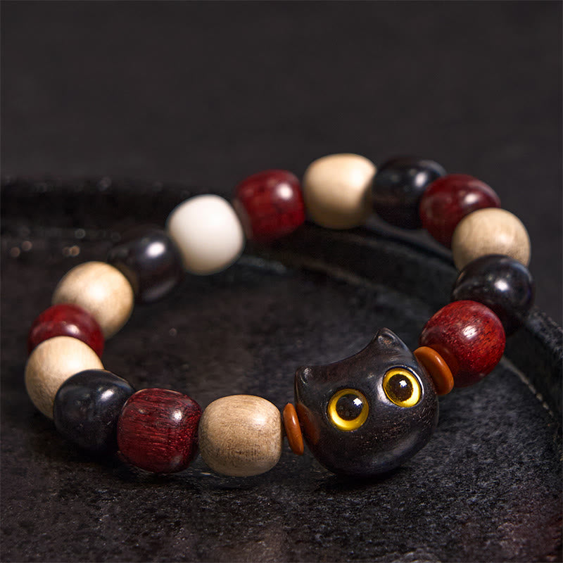 Wear FengShui Small Leaf Red Sandalwood Ebony Wood Cute Cat Engraved Protection Bracelet