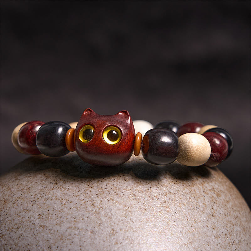 Wear FengShui Small Leaf Red Sandalwood Ebony Wood Cute Cat Engraved Protection Bracelet