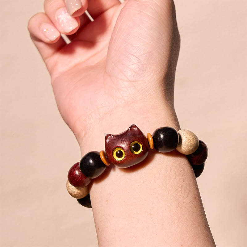 Wear FengShui Small Leaf Red Sandalwood Ebony Wood Cute Cat Engraved Protection Bracelet