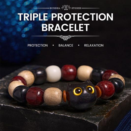 Wear FengShui Small Leaf Red Sandalwood Ebony Wood Cute Cat Engraved Protection Bracelet