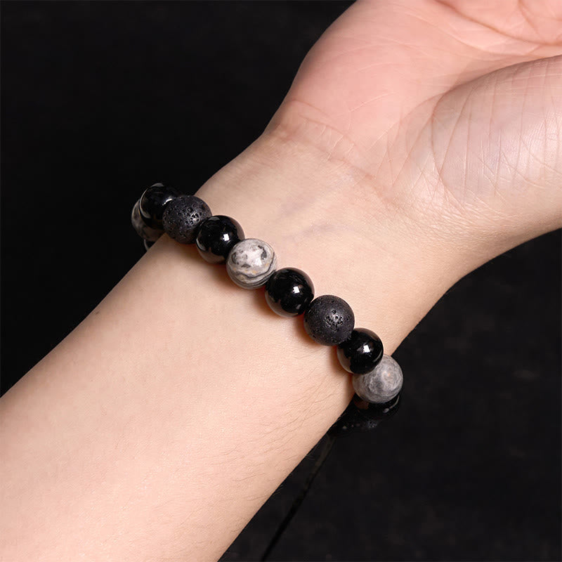Wear FengShui Black Obsidian Lava Rock Stone Yin Yang Strength Bracelet