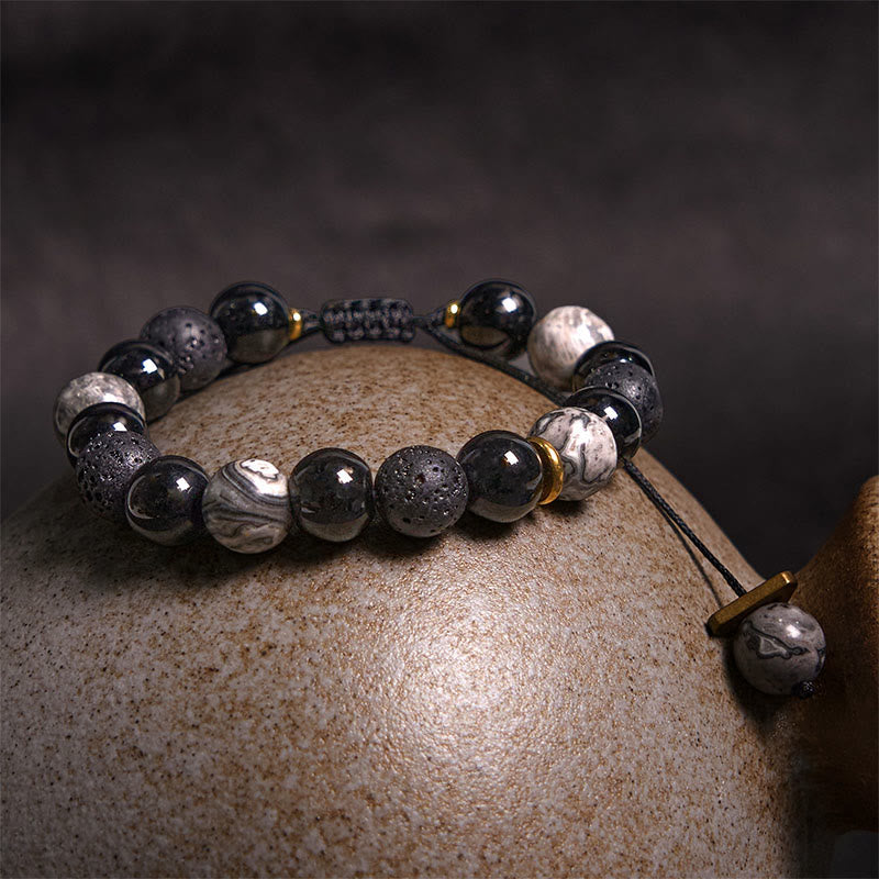 Wear FengShui Black Obsidian Lava Rock Stone Yin Yang Strength Bracelet