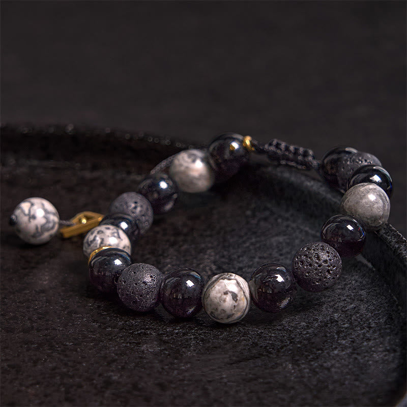 Wear FengShui Black Obsidian Lava Rock Stone Yin Yang Strength Bracelet
