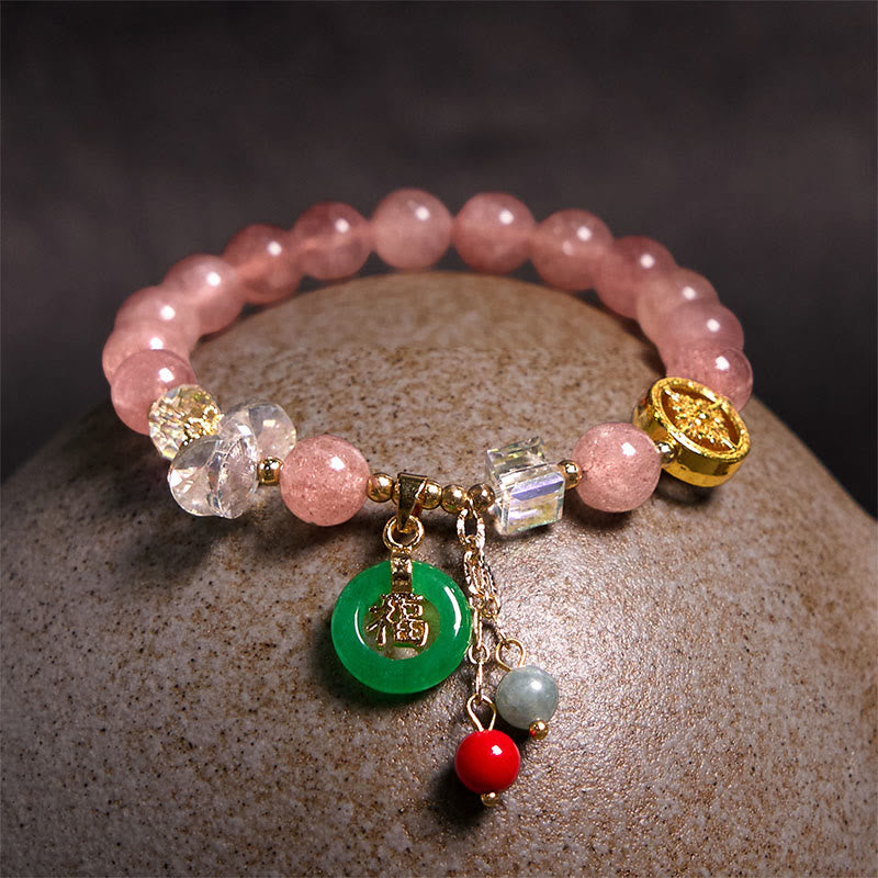 Wear FengShui Strawberry Quartz Jade Fu Character Charm Healing Bracelet