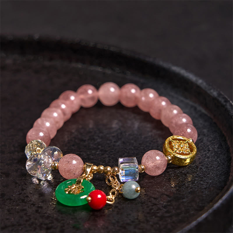 Wear FengShui Strawberry Quartz Jade Fu Character Charm Healing Bracelet