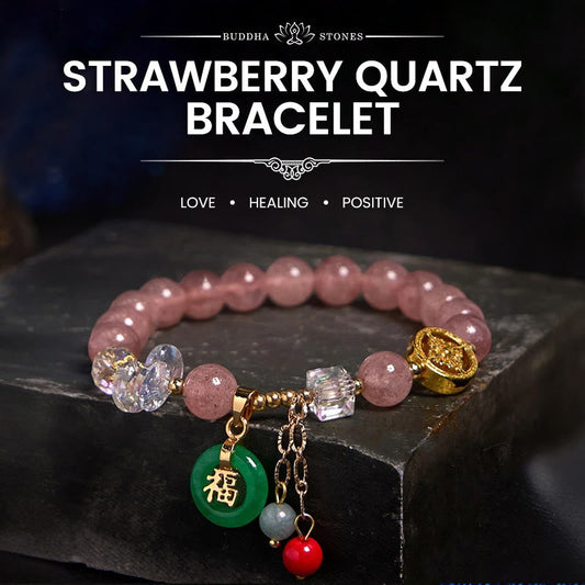 Wear FengShui Strawberry Quartz Jade Fu Character Charm Healing Bracelet