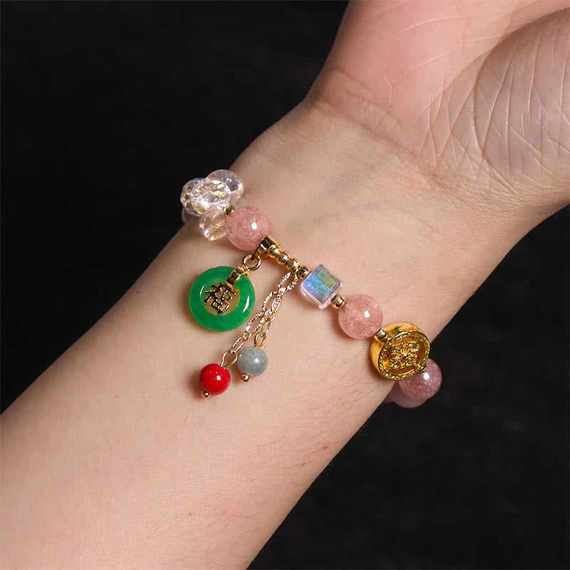 Wear FengShui Strawberry Quartz Jade Fu Character Charm Healing Bracelet