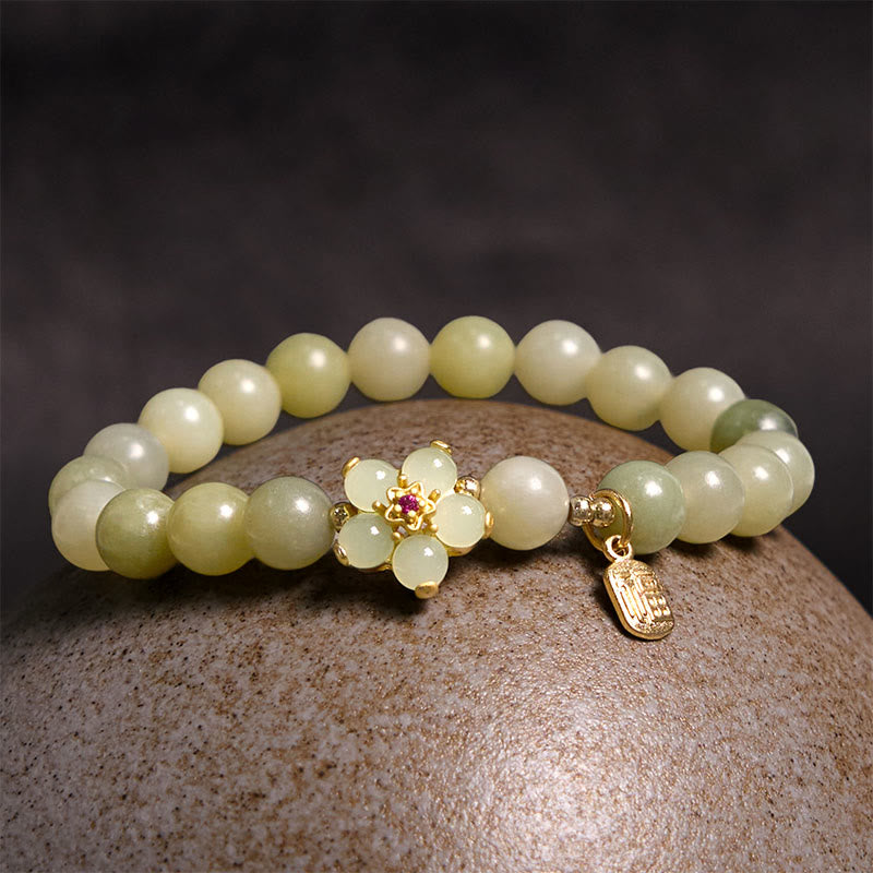 Wear FengShui Green Jade Flower Fu Character Charm Luck Bracelet