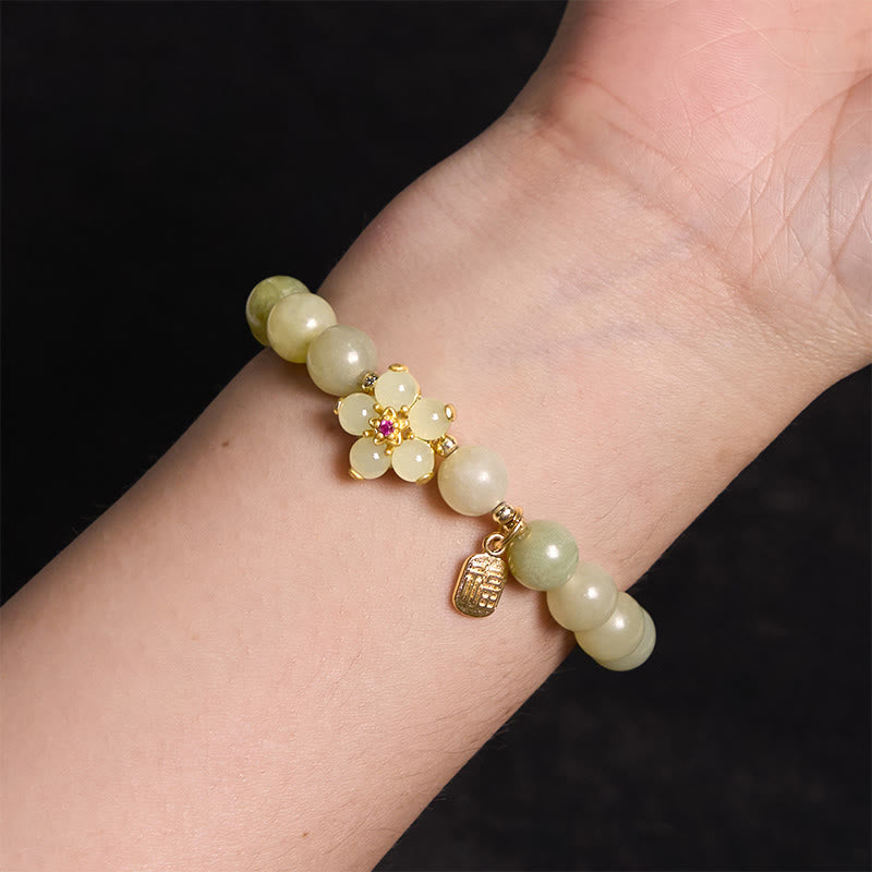 Wear FengShui Green Jade Flower Fu Character Charm Luck Bracelet