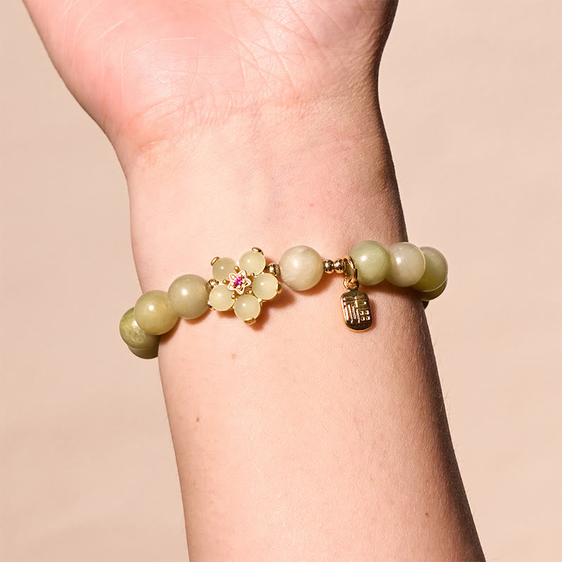Wear FengShui Green Jade Flower Fu Character Charm Luck Bracelet