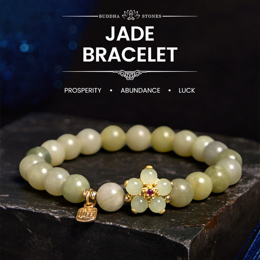 Wear FengShui Green Jade Flower Fu Character Charm Luck Bracelet