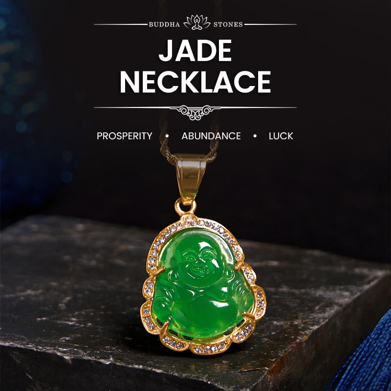 Wear FengShui 18K Gold Filled Laughing Buddha Jade Luck Necklace Chain Pendant