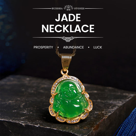 Wear FengShui 18K Gold Filled Laughing Buddha Jade Luck Necklace Chain Pendant