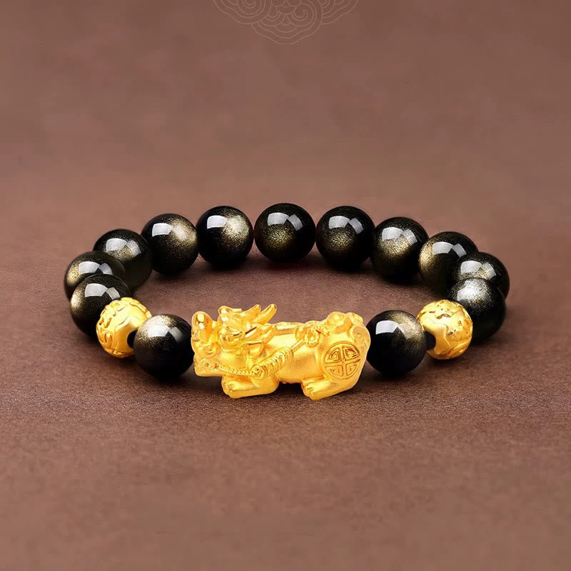 Wear FengShui Natural Gold Sheen Obsidian PiXiu Om Mani Padme Hum Wealth Bracelet