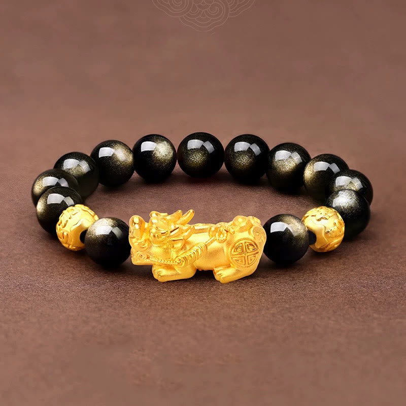 Wear FengShui Natural Gold Sheen Obsidian PiXiu Om Mani Padme Hum Wealth Bracelet