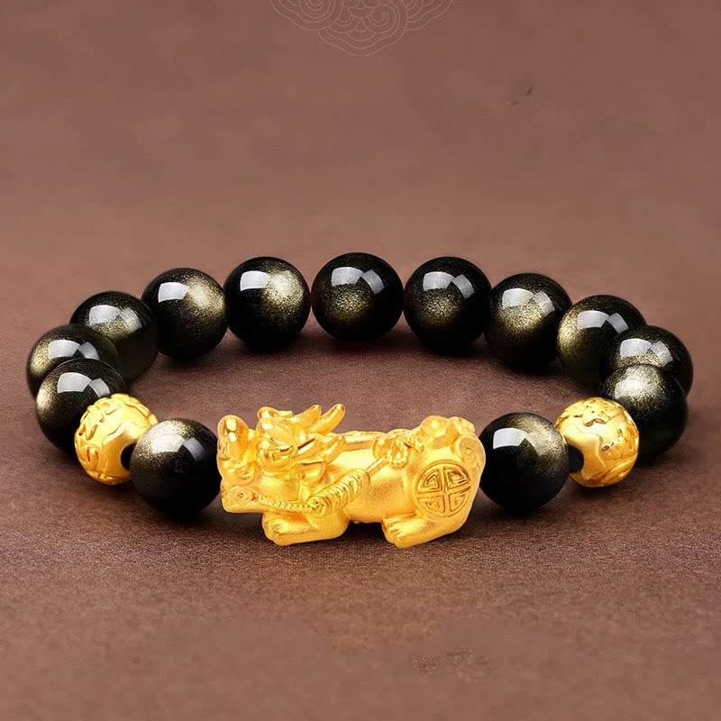 Wear FengShui Natural Gold Sheen Obsidian PiXiu Om Mani Padme Hum Wealth Bracelet