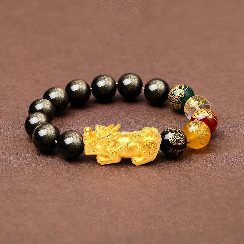 Wear FengShui Natural Gold Sheen Obsidian PiXiu Five Directions Gods of Wealth Protection Bracelet