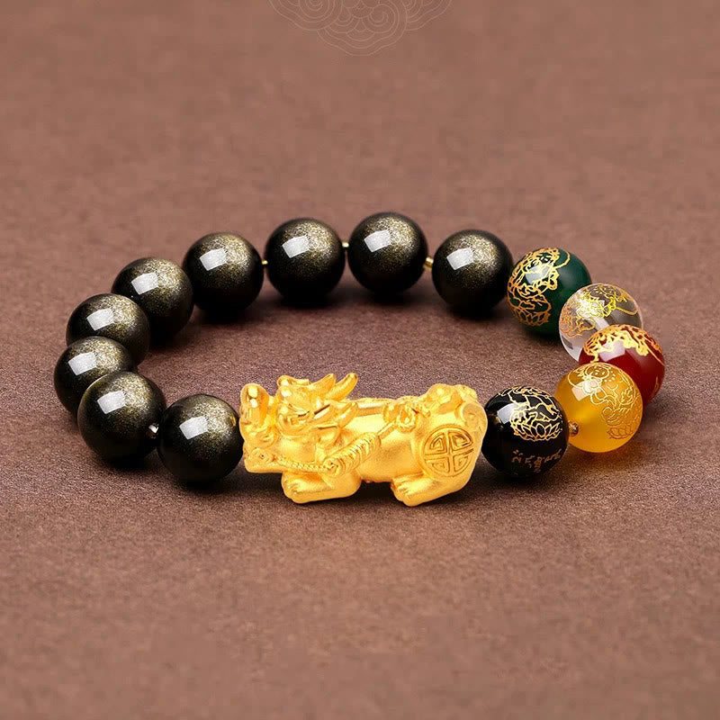 Wear FengShui Natural Gold Sheen Obsidian PiXiu Five Directions Gods of Wealth Protection Bracelet