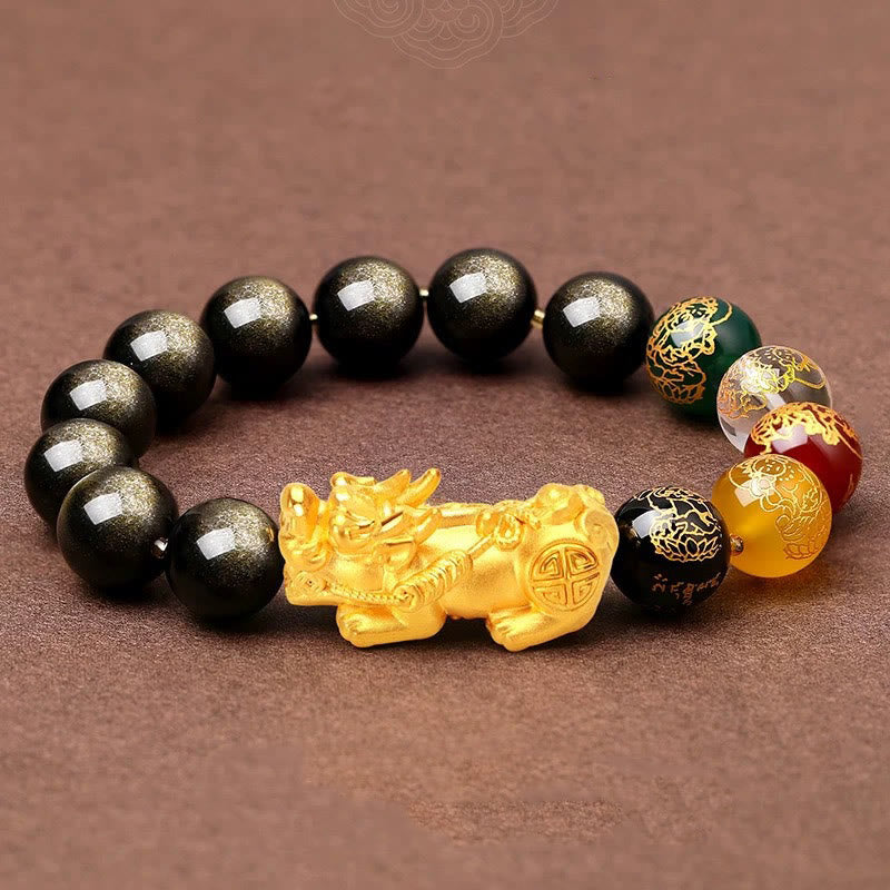 Wear FengShui Natural Gold Sheen Obsidian PiXiu Five Directions Gods of Wealth Protection Bracelet