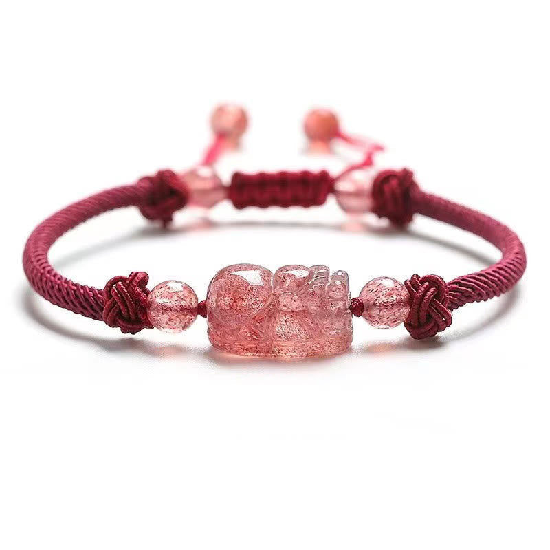 Wear FengShui Natural Strawberry Quartz PiXiu Red String Braided Protection Bracelet